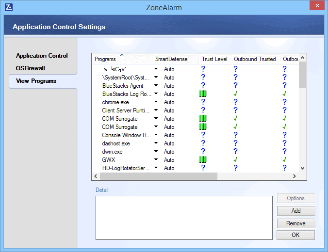 Обзор ZoneAlarm Free Firewall 2016: Программный контроль: Настройки