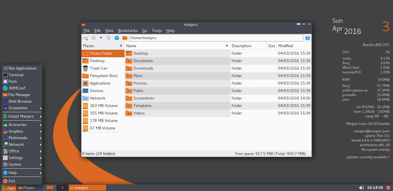Manjaro Linux JWM 16.04 требует менее 120 MB оперативной памяти