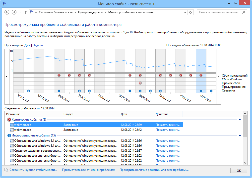 Рисунок 4. Просмотр журнала надежности системы