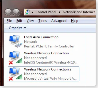 Рисунок 7. Вы можете создать виртуальную точку доступа Wi-Fi; для начала выберите Wireless Network Connection 2