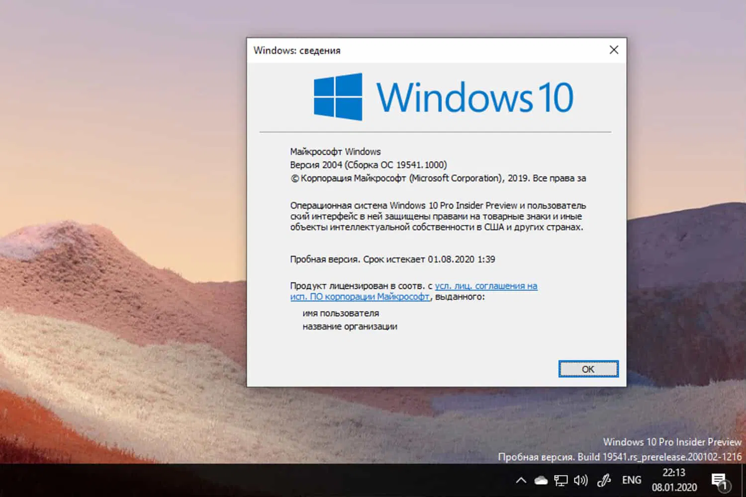 Windows 10 Insider Preview build 19541.1000, версия 2004