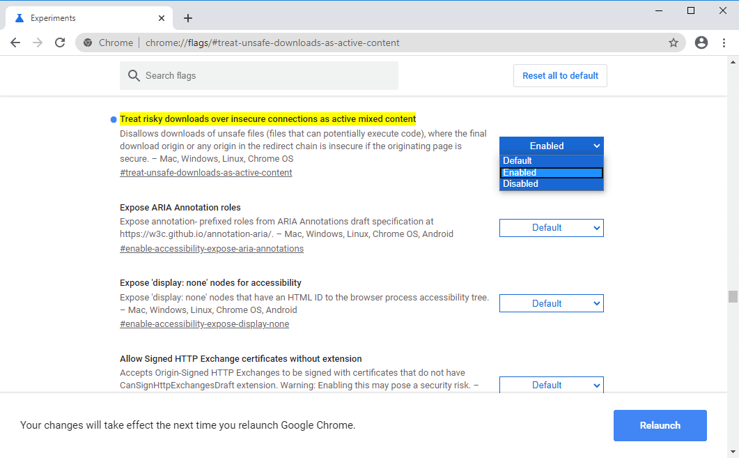chrome://flags/#treat-unsafe-downloads-as-active-content