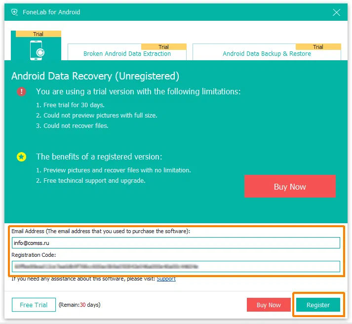 ���������� �������� FoneLab Android Data Recovery