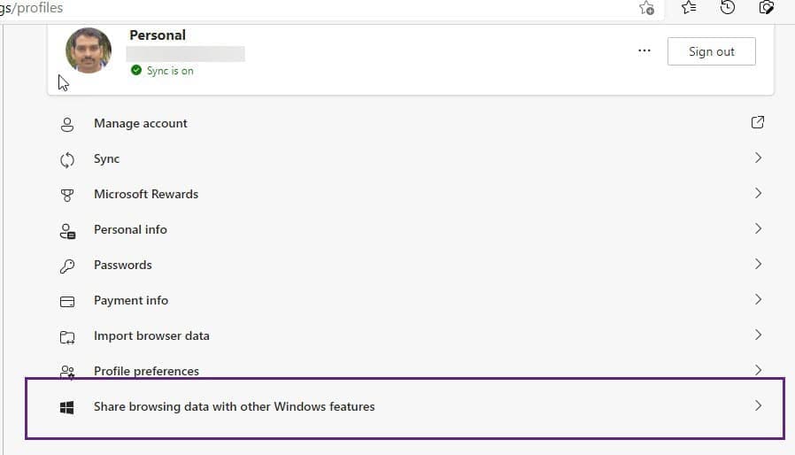 Share browsing data with other Windows features