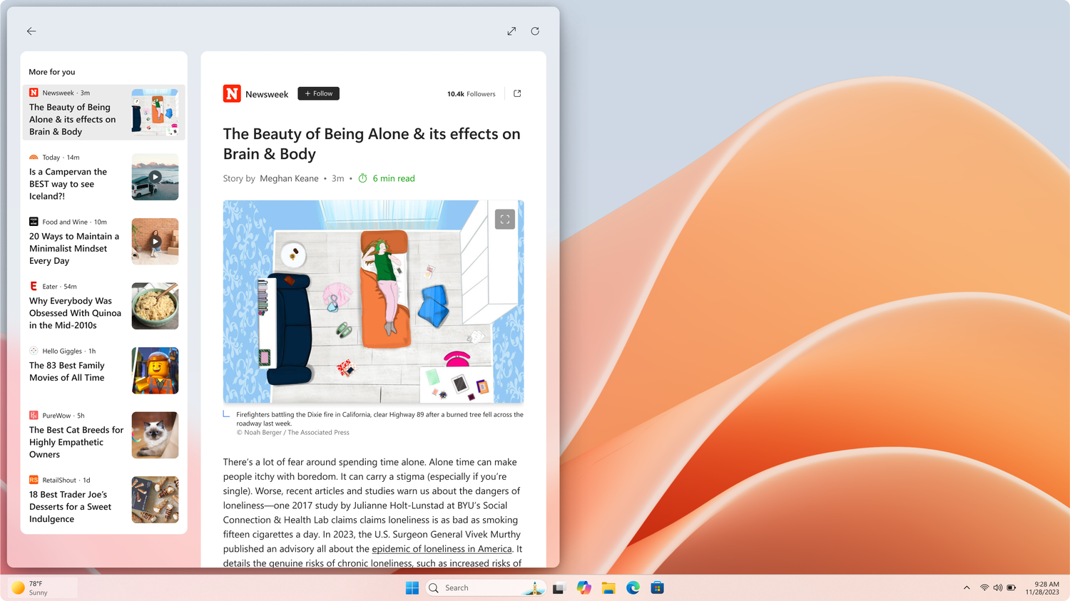 Полная статья, отображаемая прямо в ленте MSN на панели виджетов.