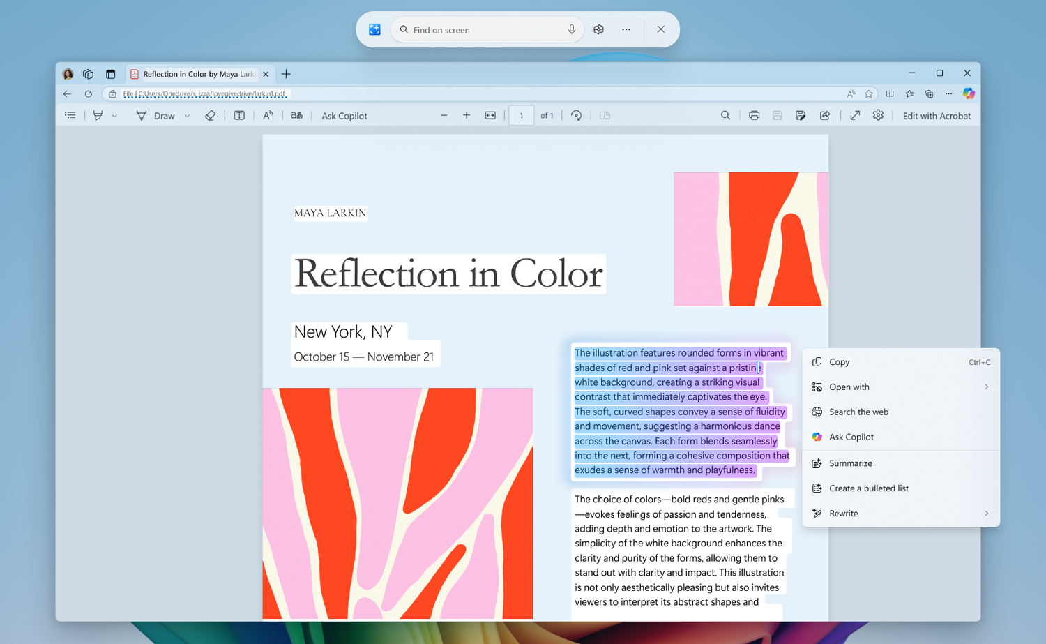 Пункт «Спросить Copilot» в меню Click to Do