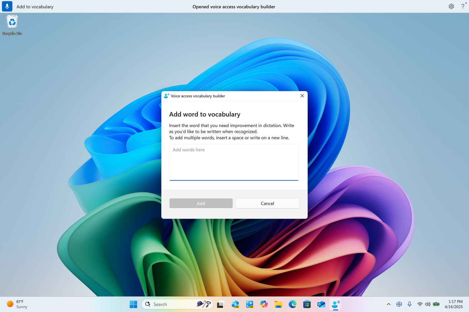 Окно добавления пользовательских слов в словарь голосового управления.