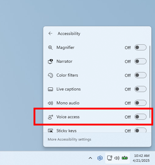 Голосовое управление в разделе специальных возможностей в быстрых настройках.