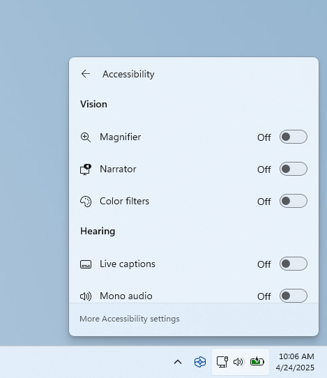 Новое группирование технологий специальных возможностей в быстрых настройках.