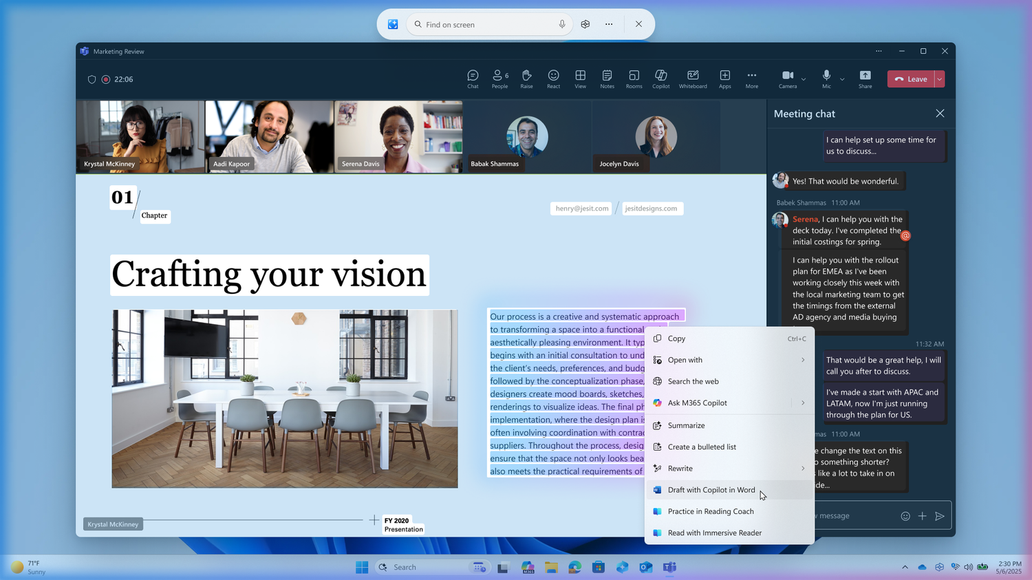Действие «Черновик с Copilot в Word» в Click to Do во время звонка в Microsoft Teams