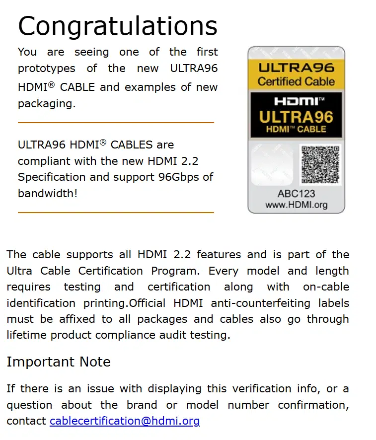 HDMI 2.2 Ultra96 Certification