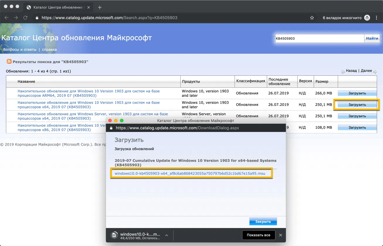 Загрузка KB4505903 из Каталога Центра обновления Майкрософт