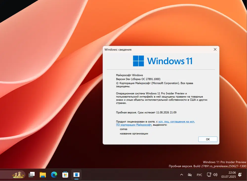 Windows 11, Версия Dev (Сборка ОС 27891.1000)