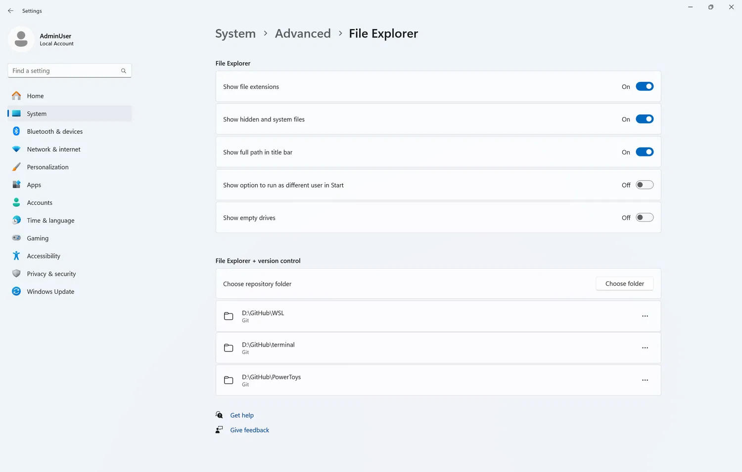 Advanced settings page for File Explorer