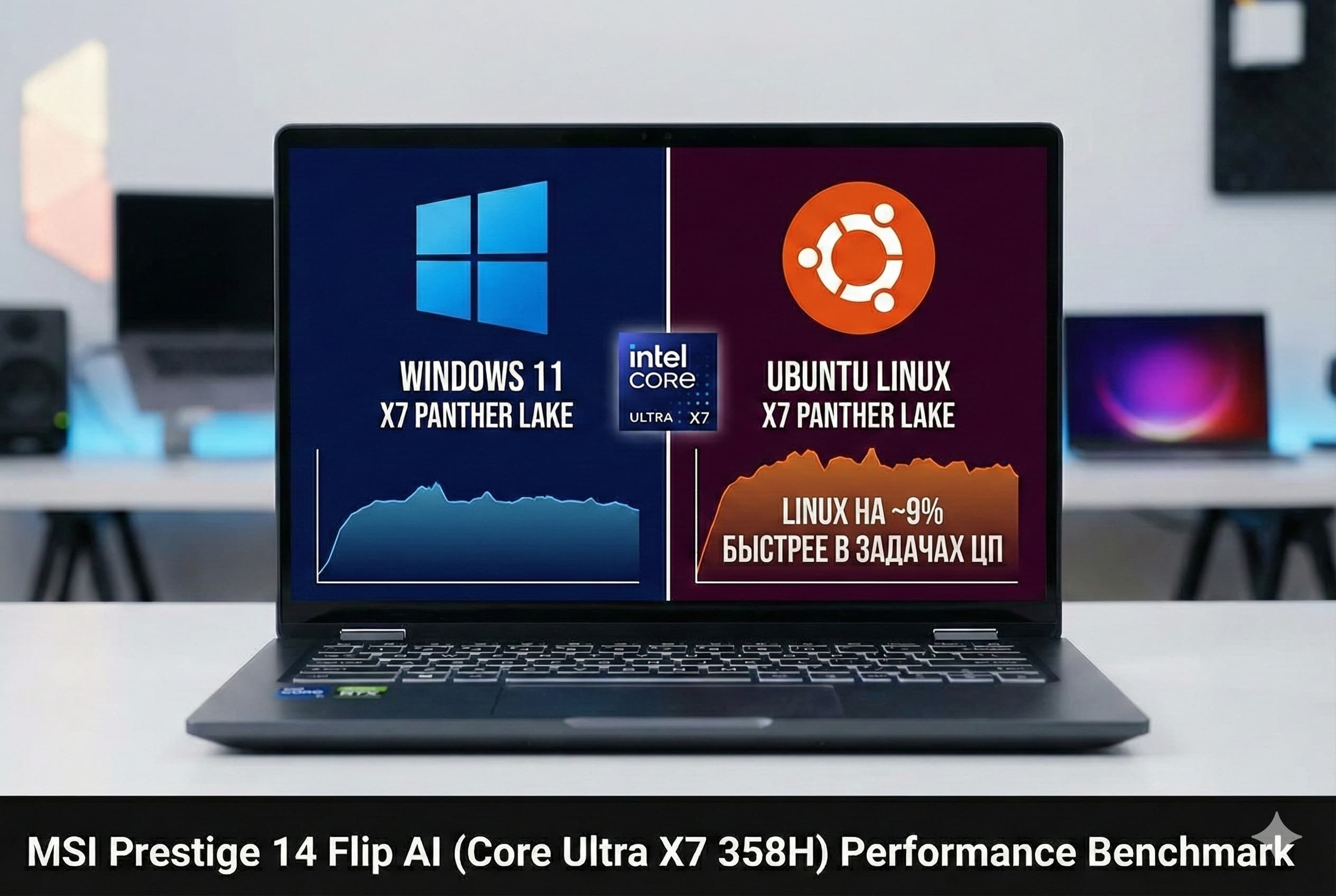 Сравнение производительности Core Ultra X7 358H в Windows 11 и Linux