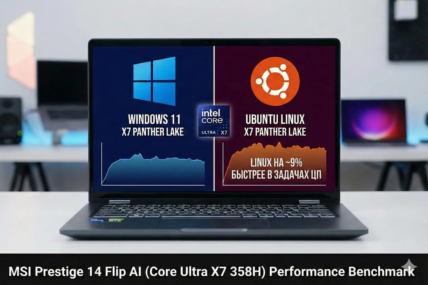 Сравнение производительности Intel Core Ultra X7 358H в Windows 11 и Linux