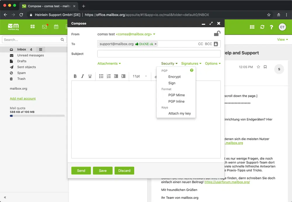 ���������� �������� ������� � ������ ����������� � mailbox.org