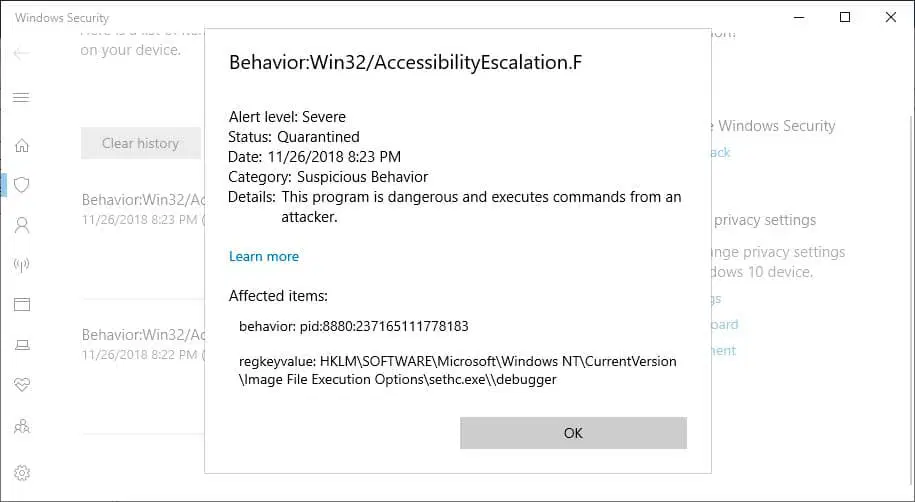 ����������� Win32/AccessibilityEscalation � ��������� Windows 10