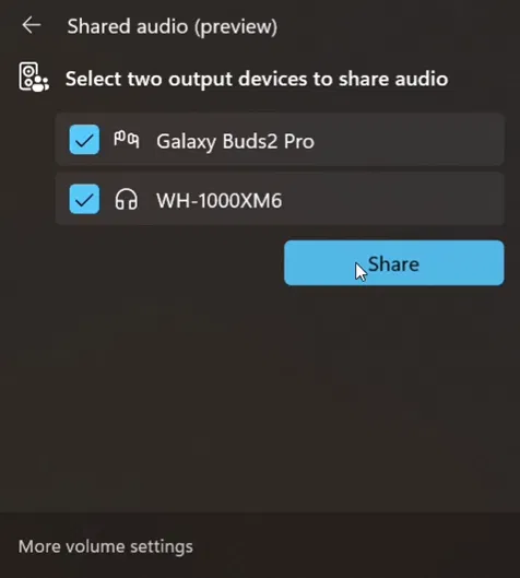 Настройки совместного прослушивания аудио: выбрано два устройства и активна кнопка «Поделиться».