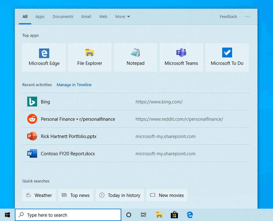 Быстрый поиск в поисковой строке Windows 10