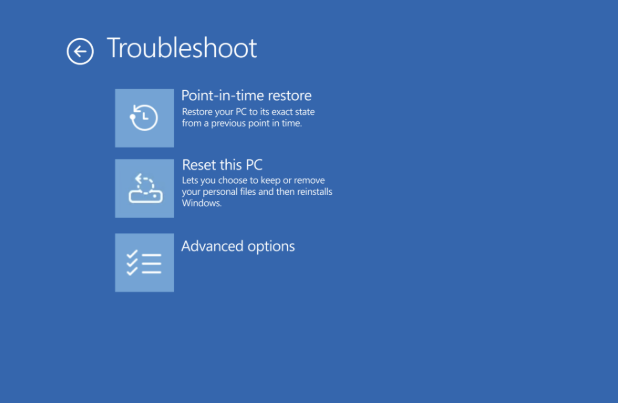 ���� Troubleshoot � ����� �������������� Windows � ���������� Point-in-time restore.
