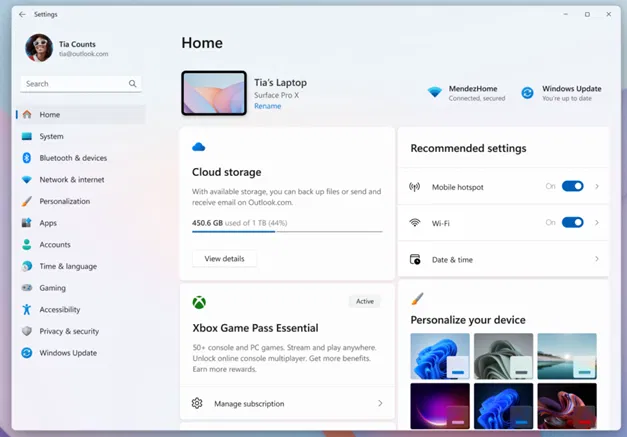 Обновлённый раздел Game Pass на главной странице приложения «Настройки» Windows 11.