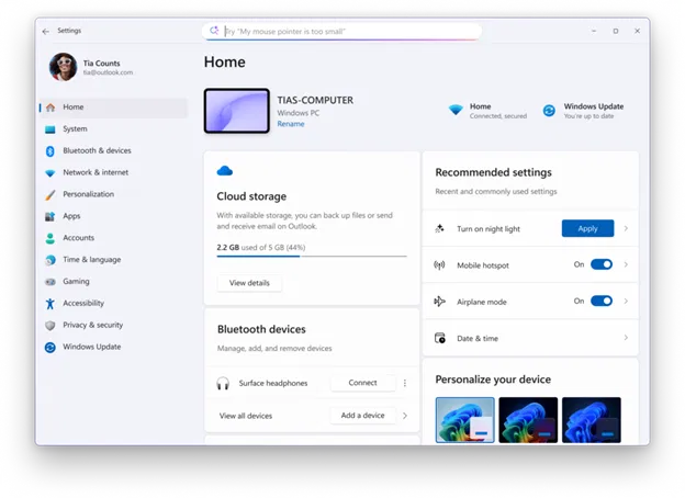 Главная страница Настроек с возможностью быстро изменить недавно использованные параметры в разделе «Рекомендуемые настройки».