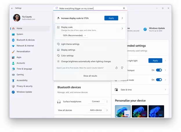 Расширенные результаты поиска в Настройках с возможностью немедленного изменения параметров.