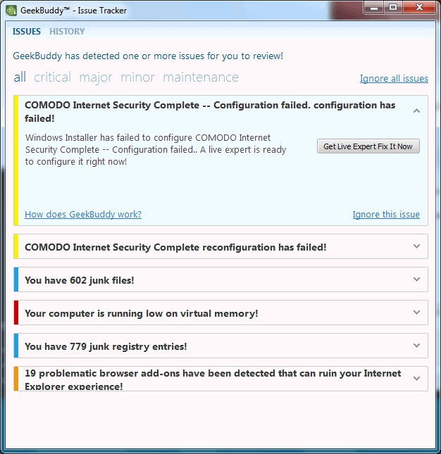 ����� Comodo Internet Security Complete 7: GeekBuddy: ������ �Issue Tracker�